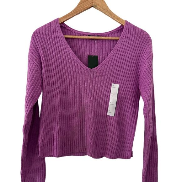 Wild fable Pullover Ribbed Neon Purple Sweater V Neck Side Slits Casual - Picture 2 of 4